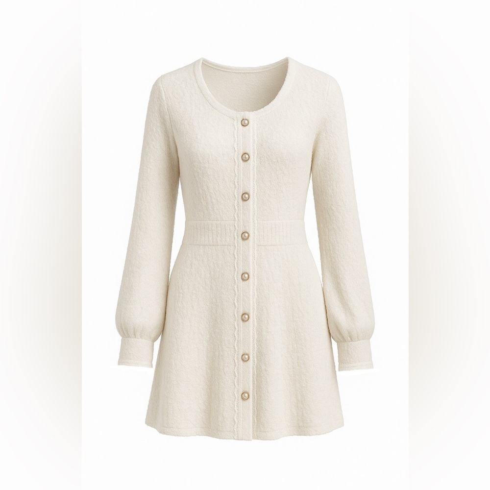 POL White Textured Boucle Sweater Mini Dress L Pearl Lace Trim Cozy Fall Winter